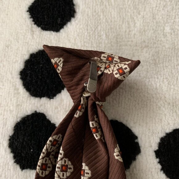 Vintage 60s Polyester Clip On Tie Brown Mod Disco Geometric Retro Wide Necktie - Picture 4 of 13